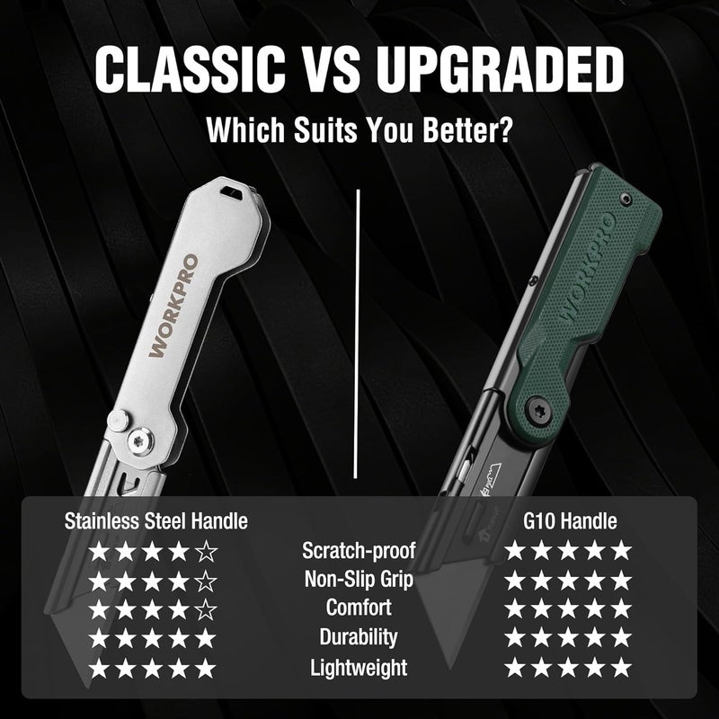 WORKPRO Folding Utility Knife with 10 Extra SK5 Blades, EDC Razor Sharp Knife with G10 Handle, Quick Change Box Cutter with Belt Clip, for Heavy Duty, DIY, Home, Office & Artcraft Use - Green - Image 3